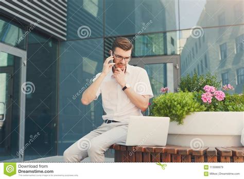 Pensive Confident Businessman Working Outdoors Stock Image Image Of