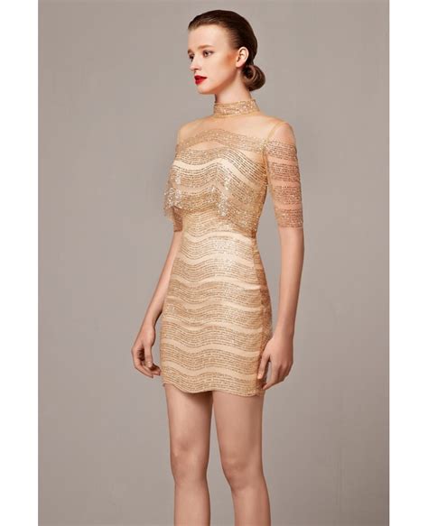 Sparkly Gold Sheath High Neck Cocktail Mini Dress With Sleeves Bd