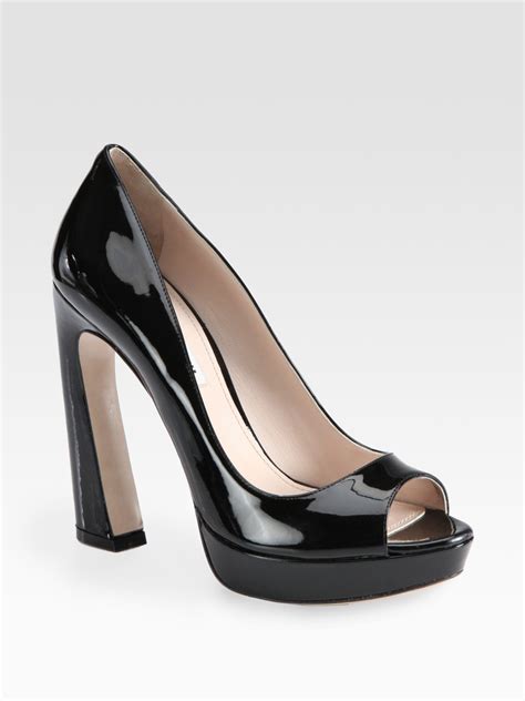 Miu Miu Patent Leather Peep Toe Flared Heel Pumps In Black Lyst