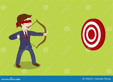 Cartoon Blindfolded Businessman Shooting Arrow Miss The Target Vector