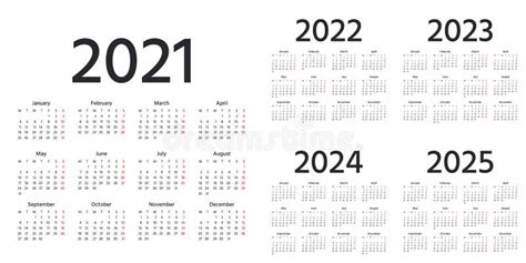 Calendar 2021 2022 2023 2024 2025 2026 2027 Years Vector Illustration