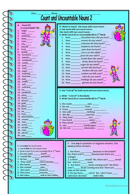 These nouns can be abstract or physically too small to count. Count and Uncountable nouns - English ESL Worksheets for ...