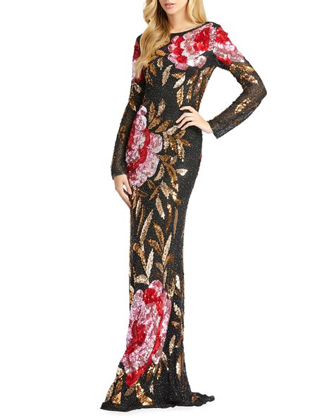 Mac Duggal Floral Sequin Long Sleeve Column Gown Neiman Marcus
