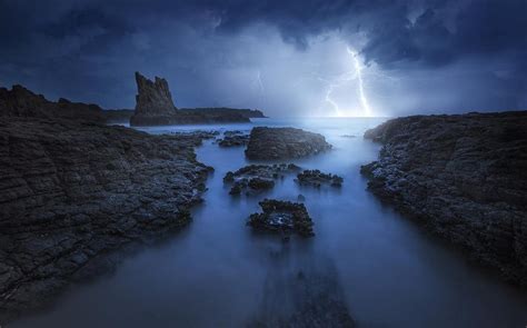 Nature Landscape Coast Rock Storm Lightning Clouds Sea Sky