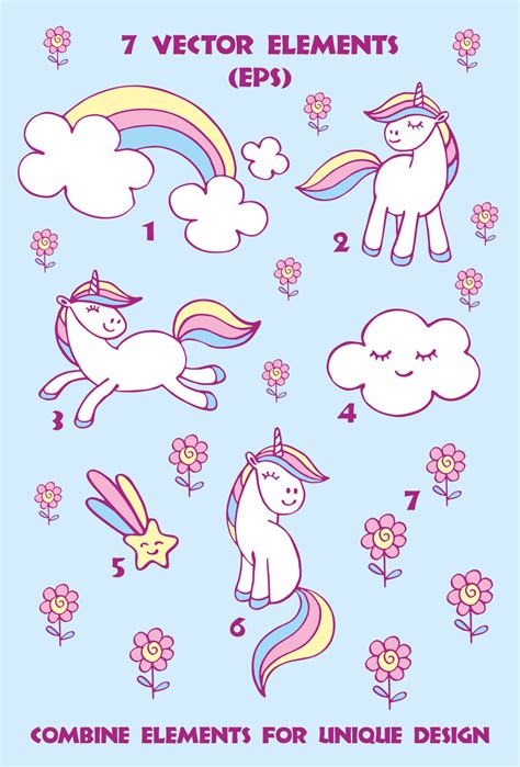 Cute Unicorns Vector Elements And Patterns By Olga