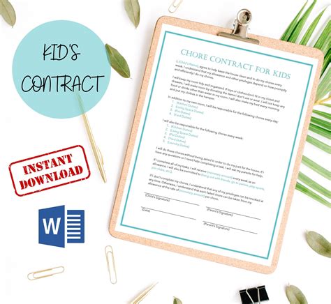 Easy To Edit Child Chore Contract For Kids Teen Student Microsoft Word