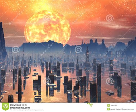 Flooded Future City With Red Giant Sun Stock Images
