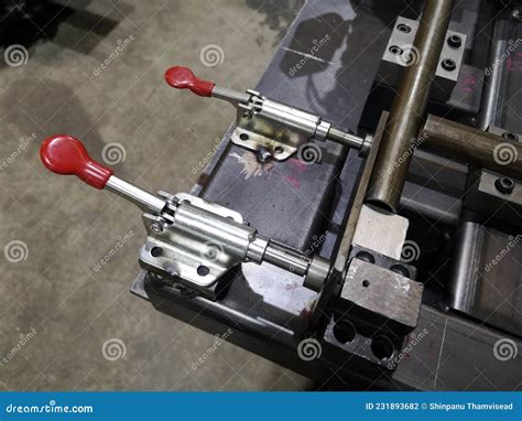 Close Up Clamping Jig And Workpieces With Manual Quick Clamp For Welding Process At Factory