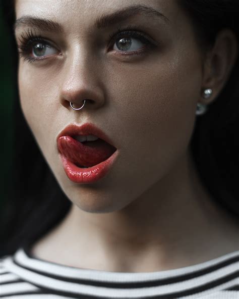 Licking Lips Face Women Pierced Septum Open Mouth Nose Ring Model