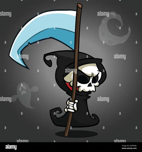 Grim Reaper Cartoon Character With Scythe Isolated On A White