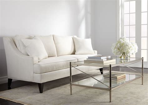 Elegant White Ethan Allen Sleeper Sofas With Pillows And Glass Coffe Table Plus Large Rug 