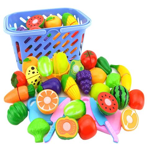 23pcs Set Plastic Fruit Vegetables Cutting Toy With Basket Kitchen Pretend Play Early Simulation