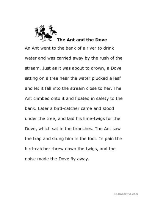 The Ant And The Dove Reading For Det English Esl Worksheets Pdf And Doc