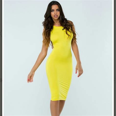Yellow Midi Bodycon Dress As Pictured All Stretch Size Large Fits 8