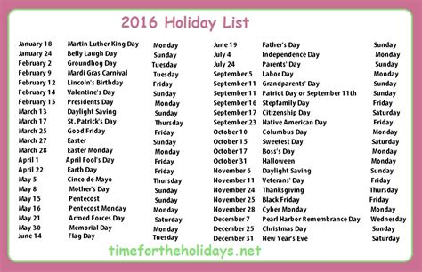 2016 Holiday Calendar Time For The Holidays
