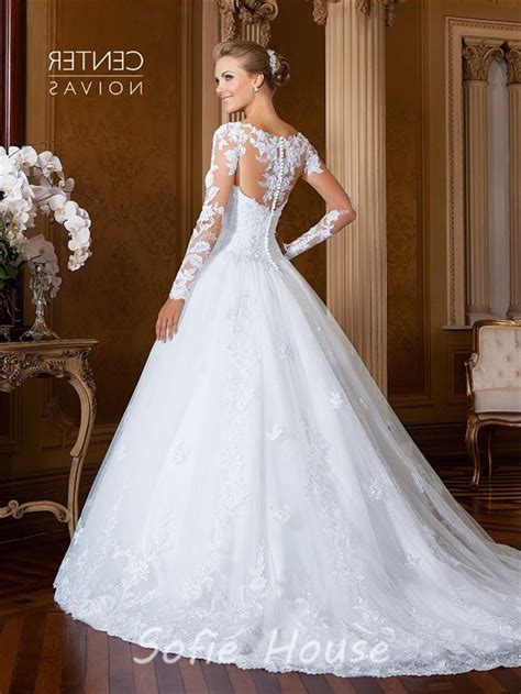 Romantic Ball Gown Drop Waist Long Sleeve Tulle Lace Wedding Dress