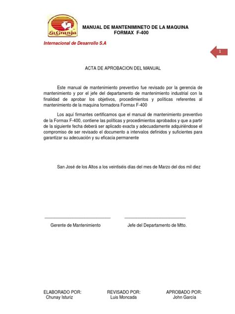 Acta De Aprobacion Del Manual Pdf Calidad Comercial Aluminio