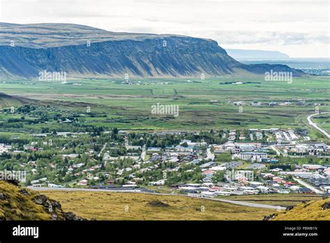 Aerial View Down Of Hveragerdi Iceland Town City Or Village With