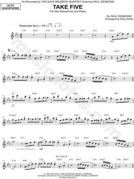 Print And Download Take Five Alto Saxophone Sheet Music By The Dave Brubeck Quartet Arranged