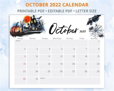 October Calendar 2022 Editable Calendar With Halloween Spooky Etsy In
