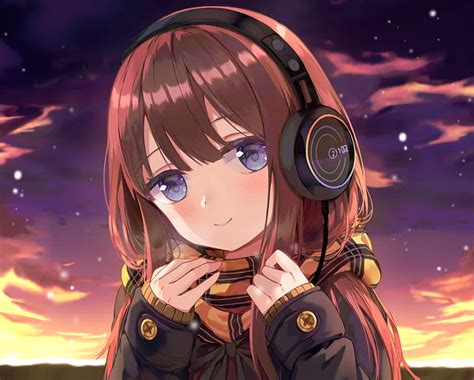 Anime Girl With Brown Hair And Brown Eyes And Headphones