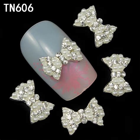 10pcs 3d nail alloy pearl bow decoration glitter alloy rhinestone decorations for nails tips sex