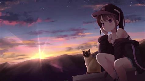 Anime Girl And Cat At Sunset Live Wallpaper Wallpaperwaifu