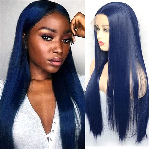 Bluple Fashion Blue Synthetic T Lace Front Wigs Silky Straight Drak