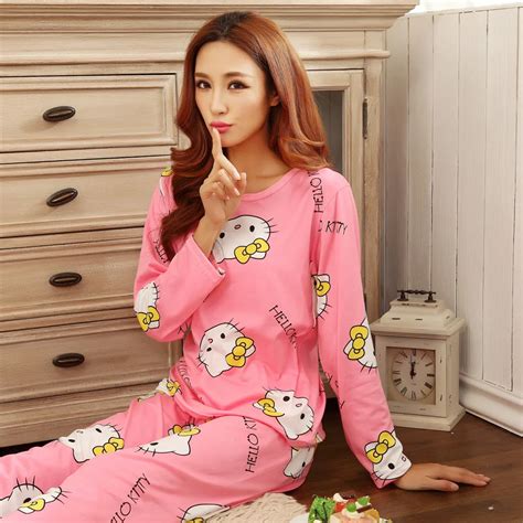 Pajamas Sets Women Cartoon Print Female Long Sleeve Nihgtgown Lovely Home Clothing