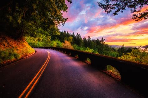 Sunset Forest Colors Road Clouds Trees View Sky