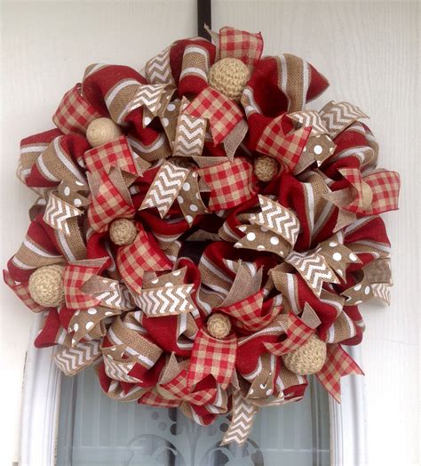 22 Red Tan White Burlap Wreath With Yarn Balls And Various Ribbons Wreath Crafts Deco