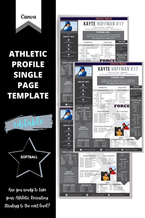 Softball Athletic Profile 1 Page Template Black Editable Etsy