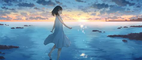 2560x1080 Cute Anime Girl Sunset Draw 2560x1080 Resolution Wallpaper