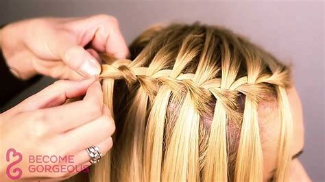 Separate your hair into three sections. Waterfall Braid Tutorial - Become Gorgeous - YouTube