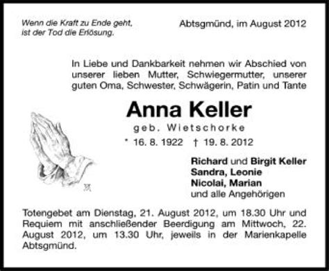 Traueranzeigen Von Anna Keller Schwaebischede Trauerportal