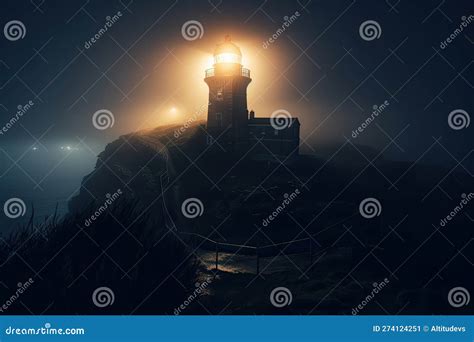 Lighthouse On A Foggy Night Surrounded By Mist And Darkness Stock