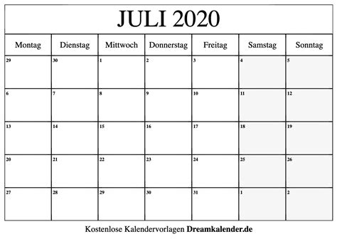 Kalender Juli 2020