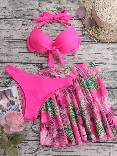 shein swim vcay tropical print bikini set underwire halter push up bra and hipster bottom and beach
