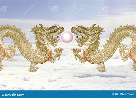 The Twin Dragons And Fire Ball Stock Photo Image Of Sculpture