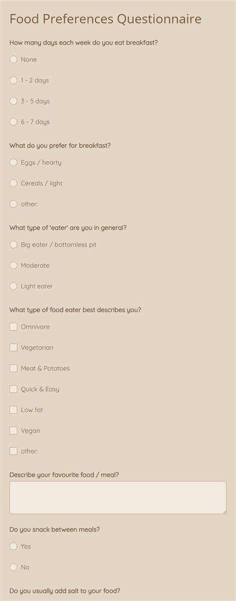 Free Food Preferences Questionnaire Template