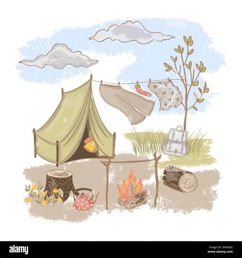 Spring Camping Rest At Nature Tent Linen And Bonfire With Kettle Under