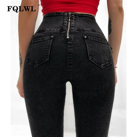buy fqlwl back zipper skinny jeans woman push up high waist black slim pencil