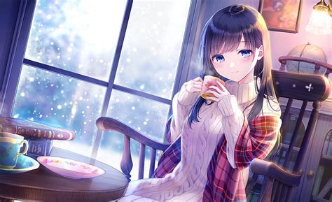 720p Free Download Anime Girl Drinking Sweater Winter Cozy