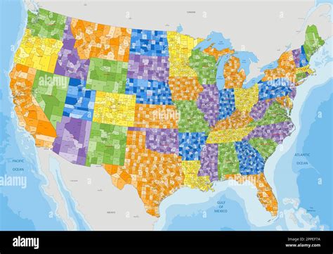 Complex Colorful Usa Political Map With Every County And Major City