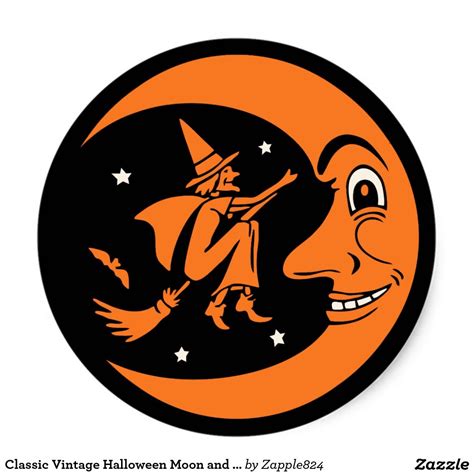 Classic Vintage Halloween Moon And Witch Classic Round Sticker Vintage Witch Costume Vintage