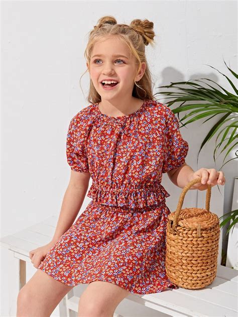 shein girls ditsy floral knot front ruffle hem top and shirred skirt set in 2022 girl outfits