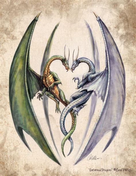 Fantasy Art Print Dragon Art Dragons Heart Love Entwined Lovers