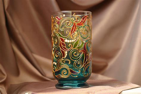 Hand Painted Stained Glass Vase For Flowers Turquoise Glass Etsy In 2021 Flower Vases