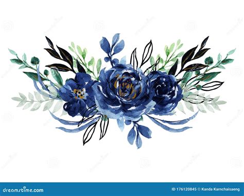 Watercolor Elegant Vintage Navy Indigo Blue Flower Bouquet And Leaves
