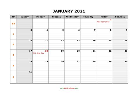 Free Download Printable Calendar 2021 Large Box Grid Space Throughout